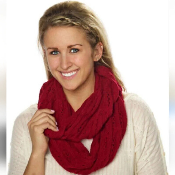 Celeste Accessories - Celeste Knit Dark Red Wool Cashmere Blend Textured Warm Infinity Scarf